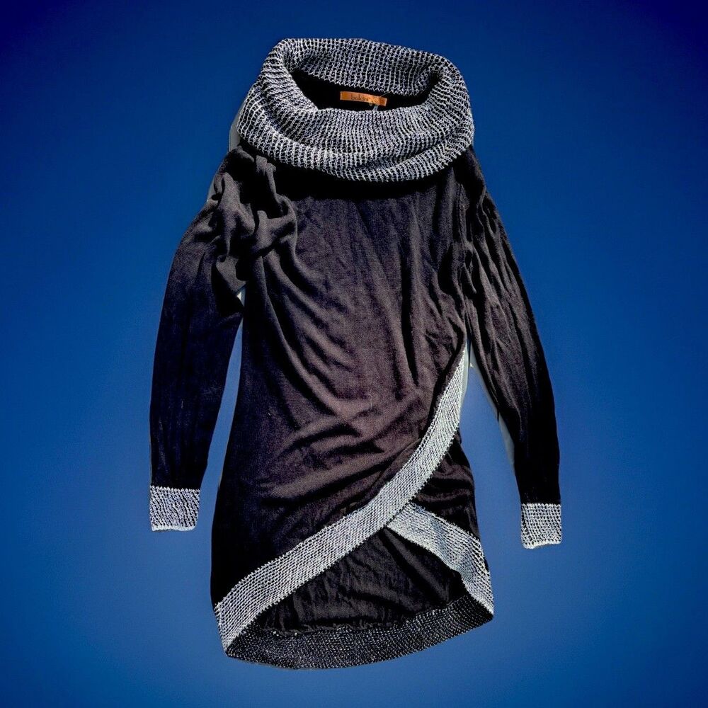 Belldini Black Silver Metallic Cowl Neck Sweater Dress Tunic Women’s Small